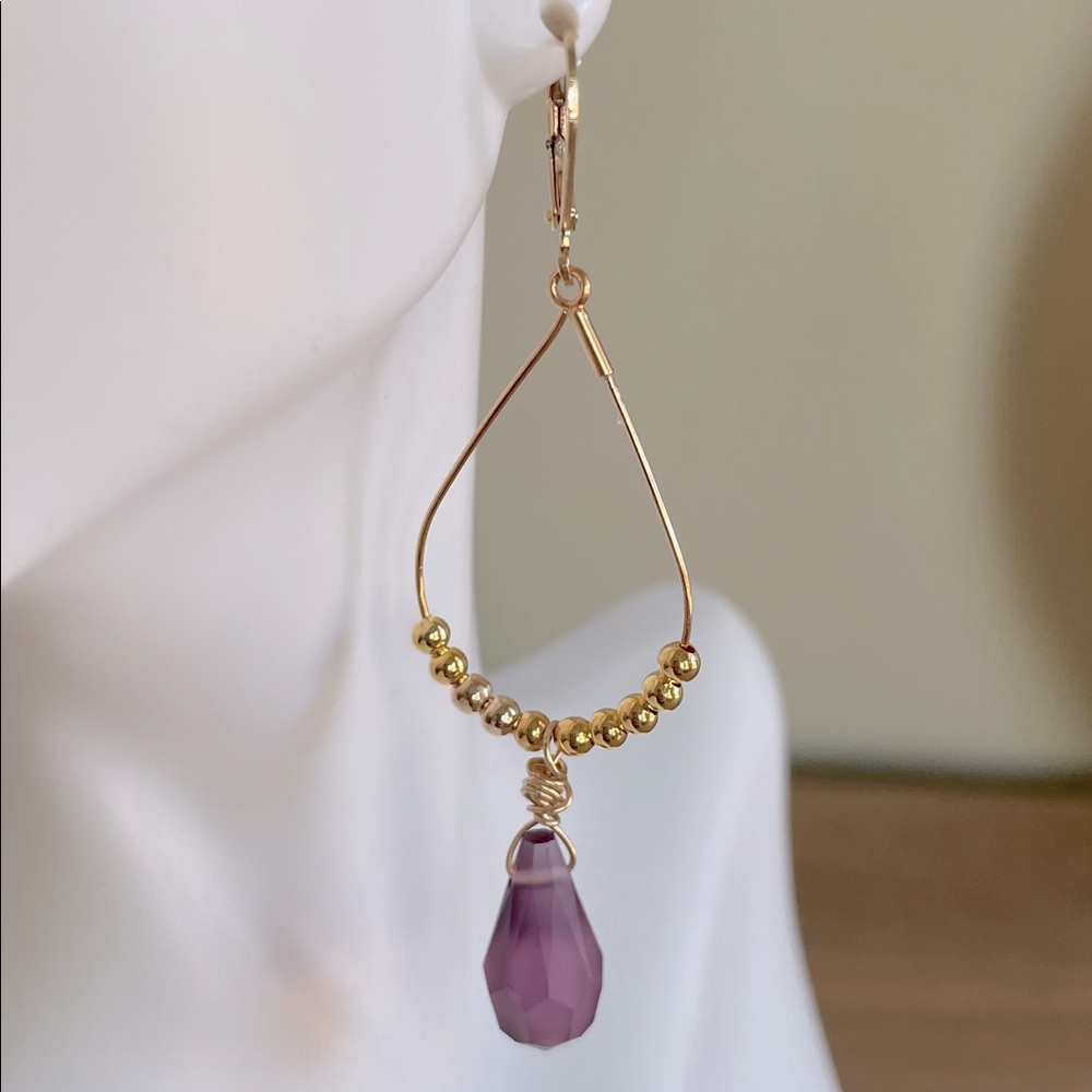 HAND CRAFTED TEARDROP HOOP EARRINGS Gold Plated Hoop Beads Muted Purple Drop